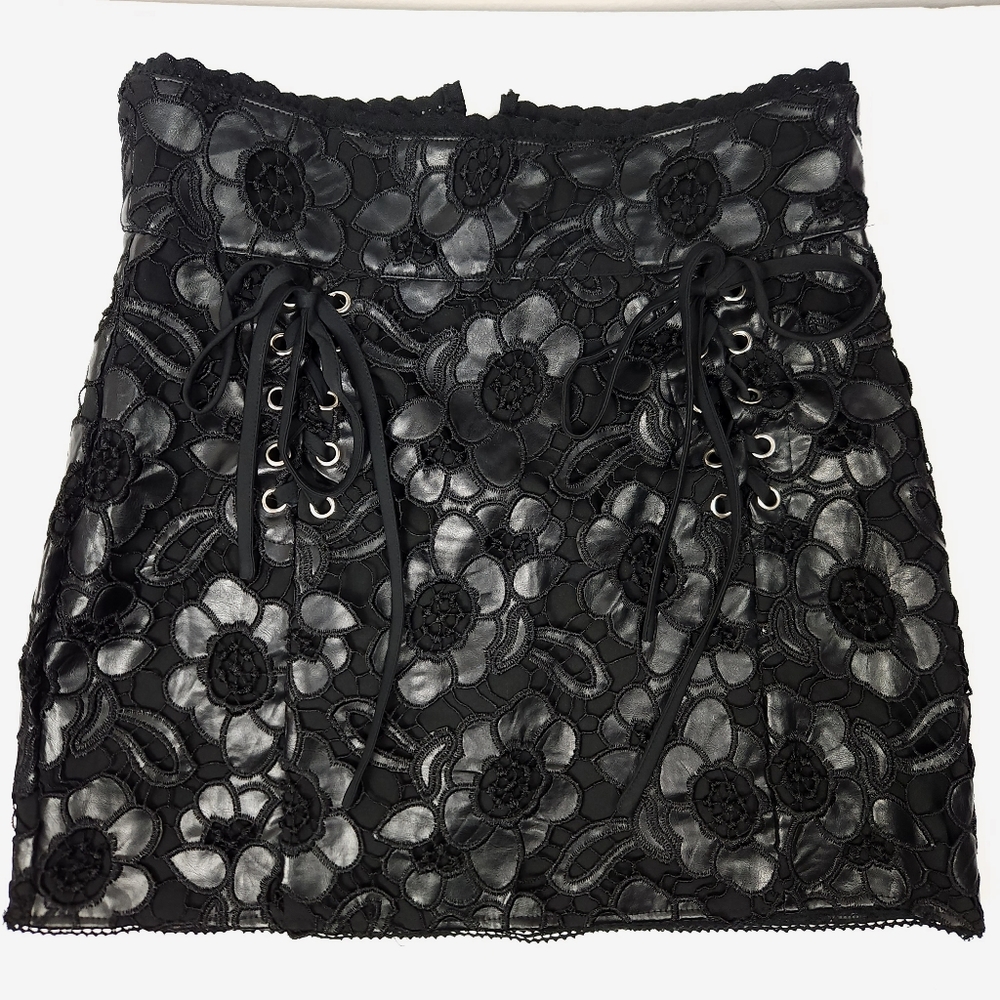 Black Floral Lace-Up Vegan Leather Mini Skirt